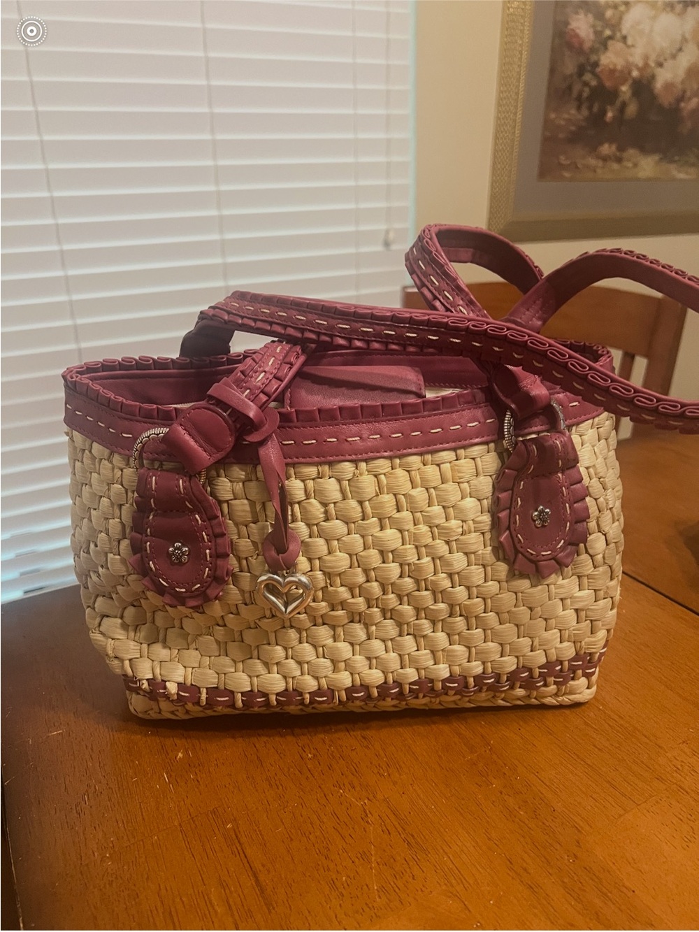 Woven Straw Tote with Pink Trim